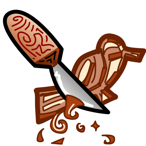 a carved wooden bird with curls of wood coming off the tail where a wooden handled carving knife shaves away at it. Some wood shavings sit scattered below. The image has dark line art. 